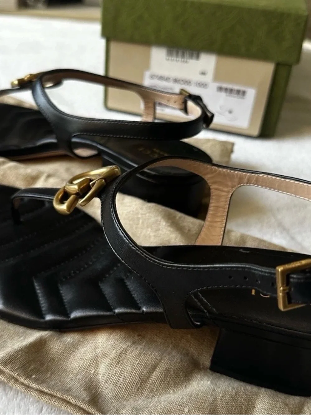 Gucci Black Leather Slingback Sandals with Gold Horsebit - Picture 4 of 7